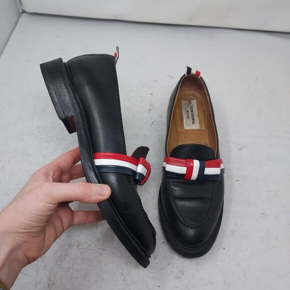 Thom Browne Shoes - Thom Browne  Black Leather Red White Blue Stripe Bow Loafer